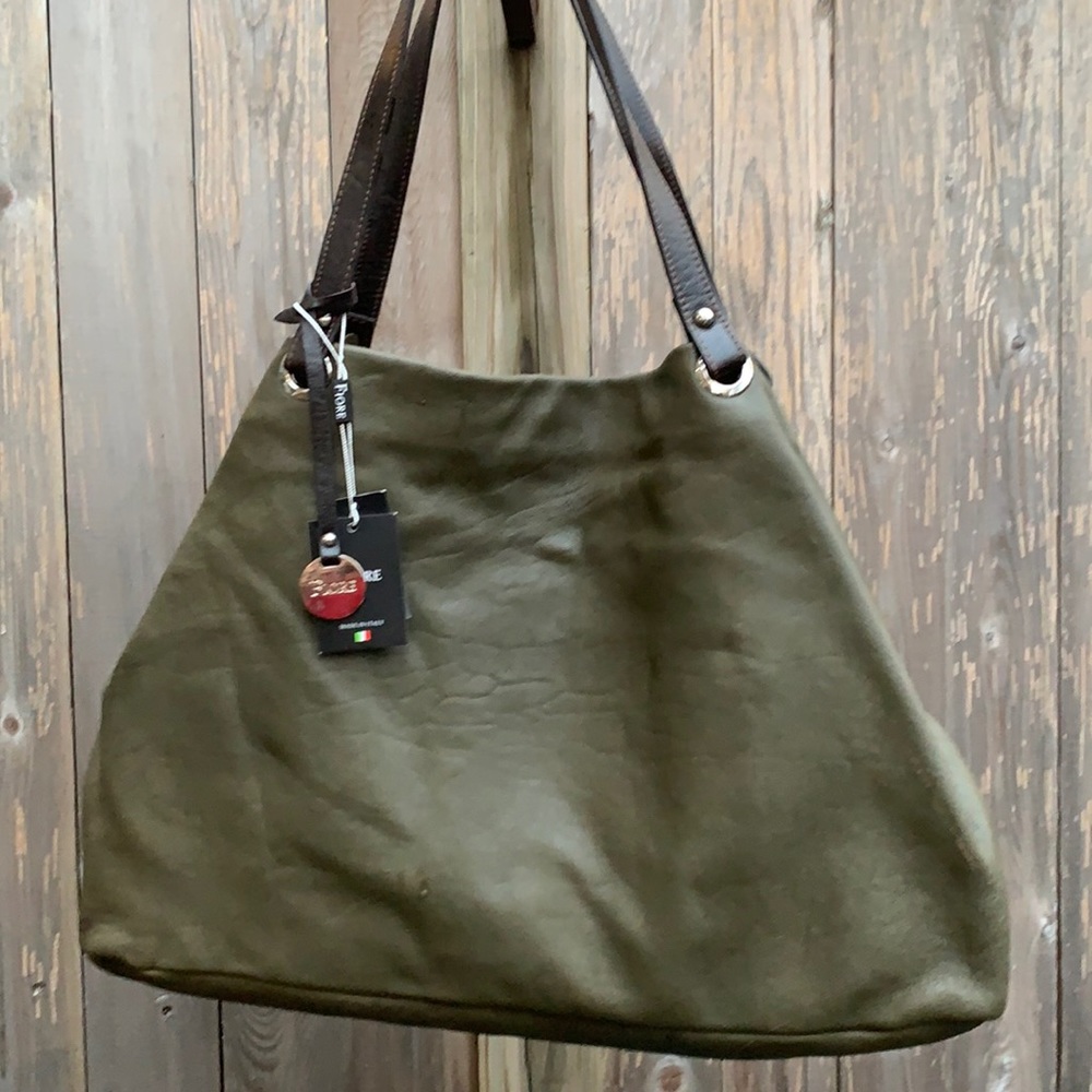 Fiore Italian Leather Tote bag in rustic khaki or olive green- NEW!